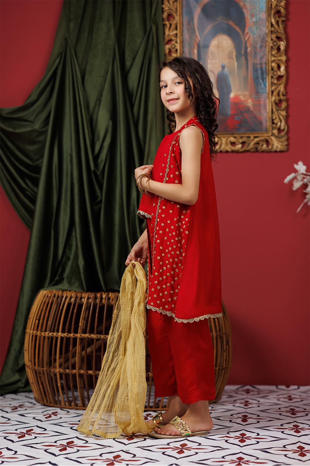 Senorita Kids RTW Red and Gold Formal 3 Piece Suit Viscose Raw Silk KDD-03017 - Summer Collection