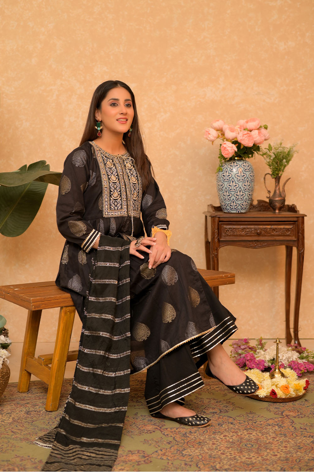 Senorita Women RTW Women Embroidered Black and Gold Casual Plus 3 Piece Suit Cotton Jacquard LBD-02861 - Summer Collection