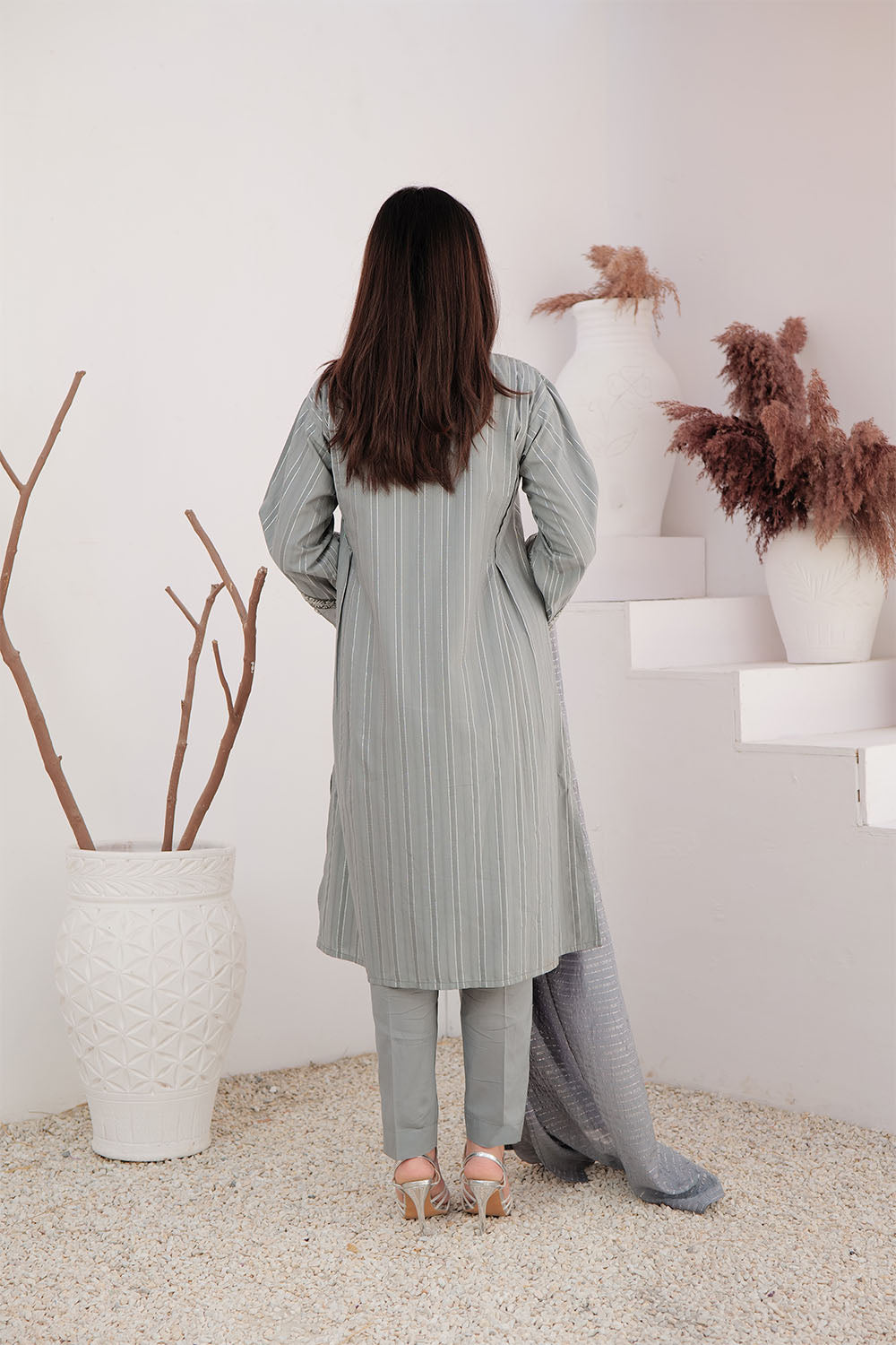 Senorita Women RTW Women Solids Grey and Silver Casual Plus 3 Piece Suit Cotton Dobby Jacquard LBD-02896 - Winter Collection