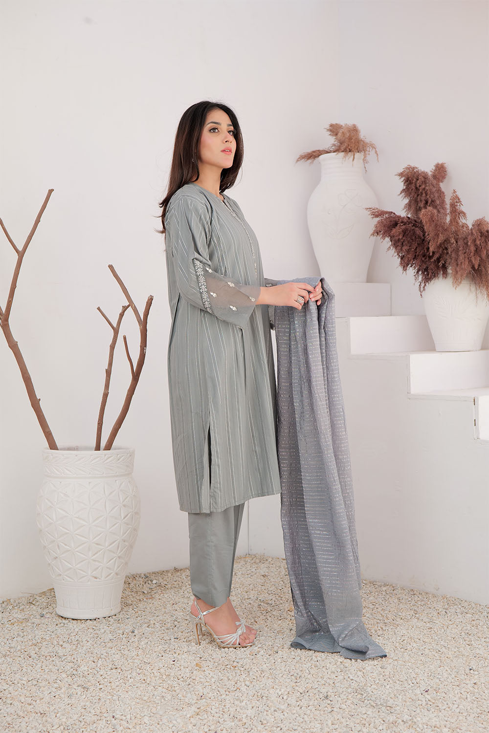 Senorita Women RTW Women Solids Grey and Silver Casual Plus 3 Piece Suit Cotton Dobby Jacquard LBD-02896 - Winter Collection