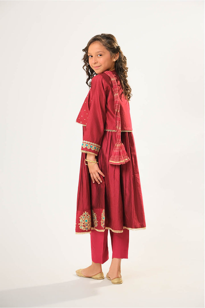 Senorita Kids RTW Kids formal clothes Maroon and Gold Formal 3 Piece Suit Viscose Chambray Katan KDD-03070 - Summer Collection