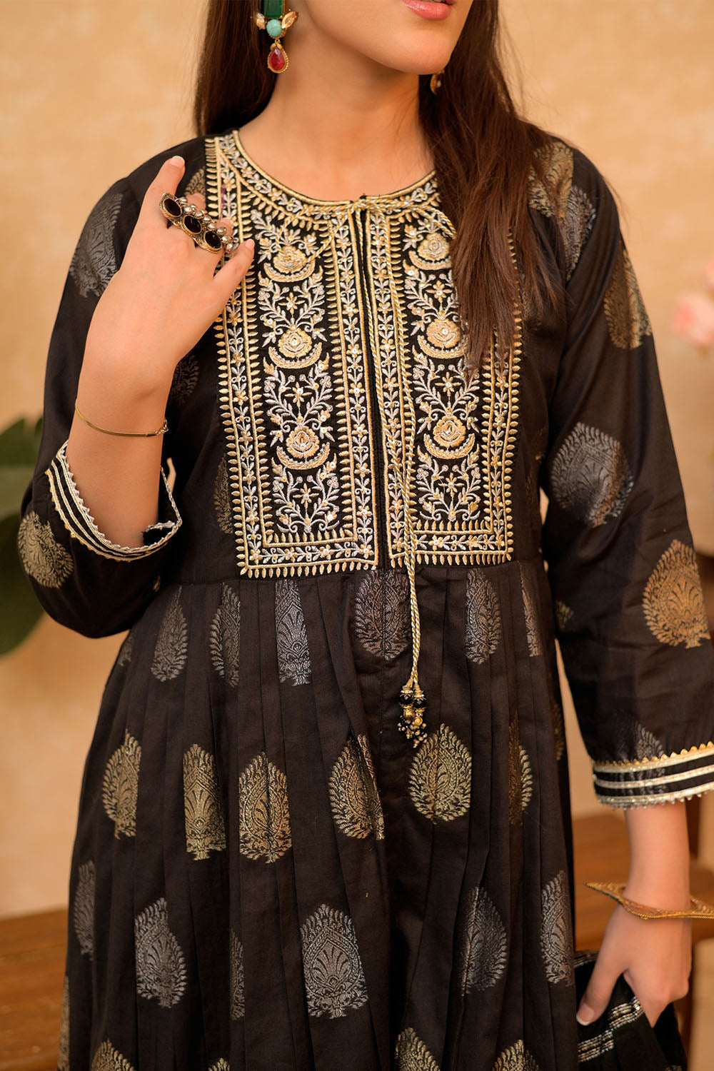 Senorita Women RTW Women Embroidered Black and Gold Casual Plus 3 Piece Suit Cotton Jacquard LBD-02861 - Summer Collection