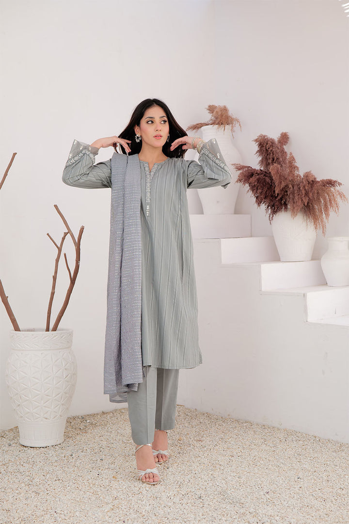 Senorita Women RTW Women Solids Grey and Silver Casual Plus 3 Piece Suit Cotton Dobby Jacquard LBD-02896 - Winter Collection