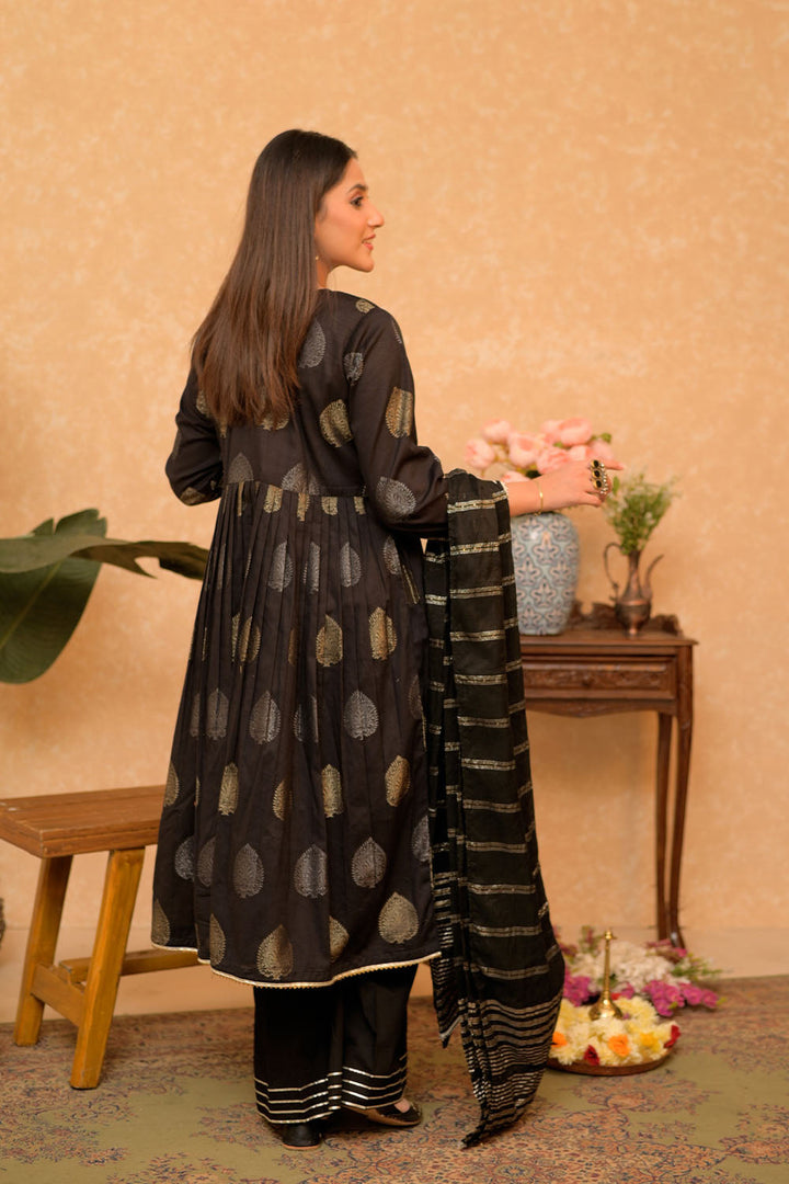 Senorita Women RTW Women Embroidered Black and Gold Casual Plus 3 Piece Suit Cotton Jacquard LBD-02861 - Summer Collection