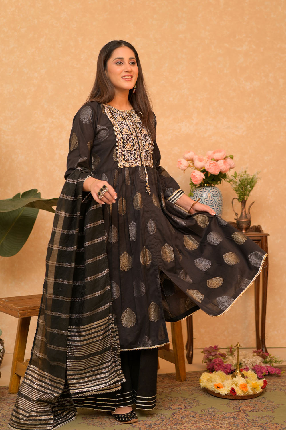 Senorita Women RTW Women Embroidered Black and Gold Casual Plus 3 Piece Suit Cotton Jacquard LBD-02861 - Summer Collection