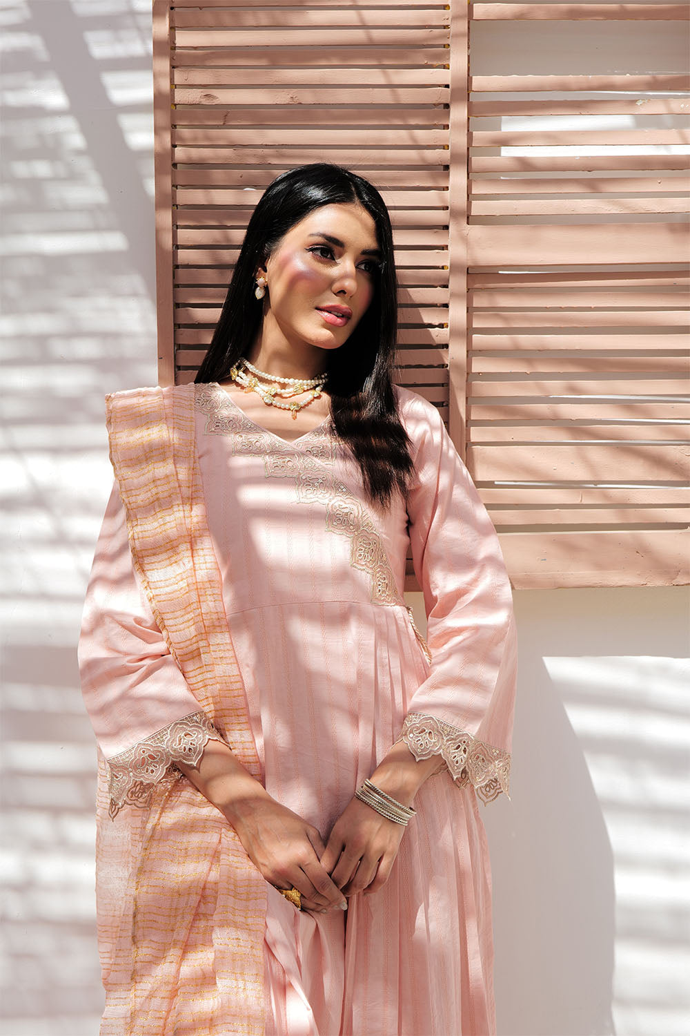 Senorita Women RTW Women Solids Peach and Gold Casual Plus 3 Piece Suit Cotton Dobby LBD-02972 - Winter Collection