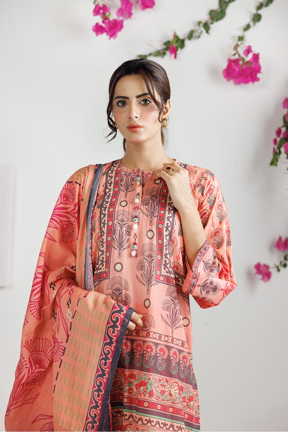 Senorita Women RTW Women Peach and Multicolor Casual 3 Piece Suit Cotton Lawn Printed LAD-03011 - Summer Collection