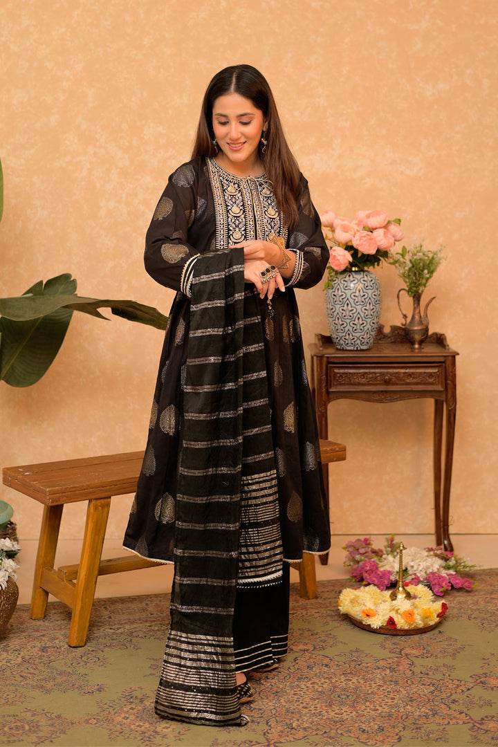 Senorita Women RTW Women Embroidered Black and Gold Casual Plus 3 Piece Suit Cotton Jacquard LBD-02861 - Summer Collection