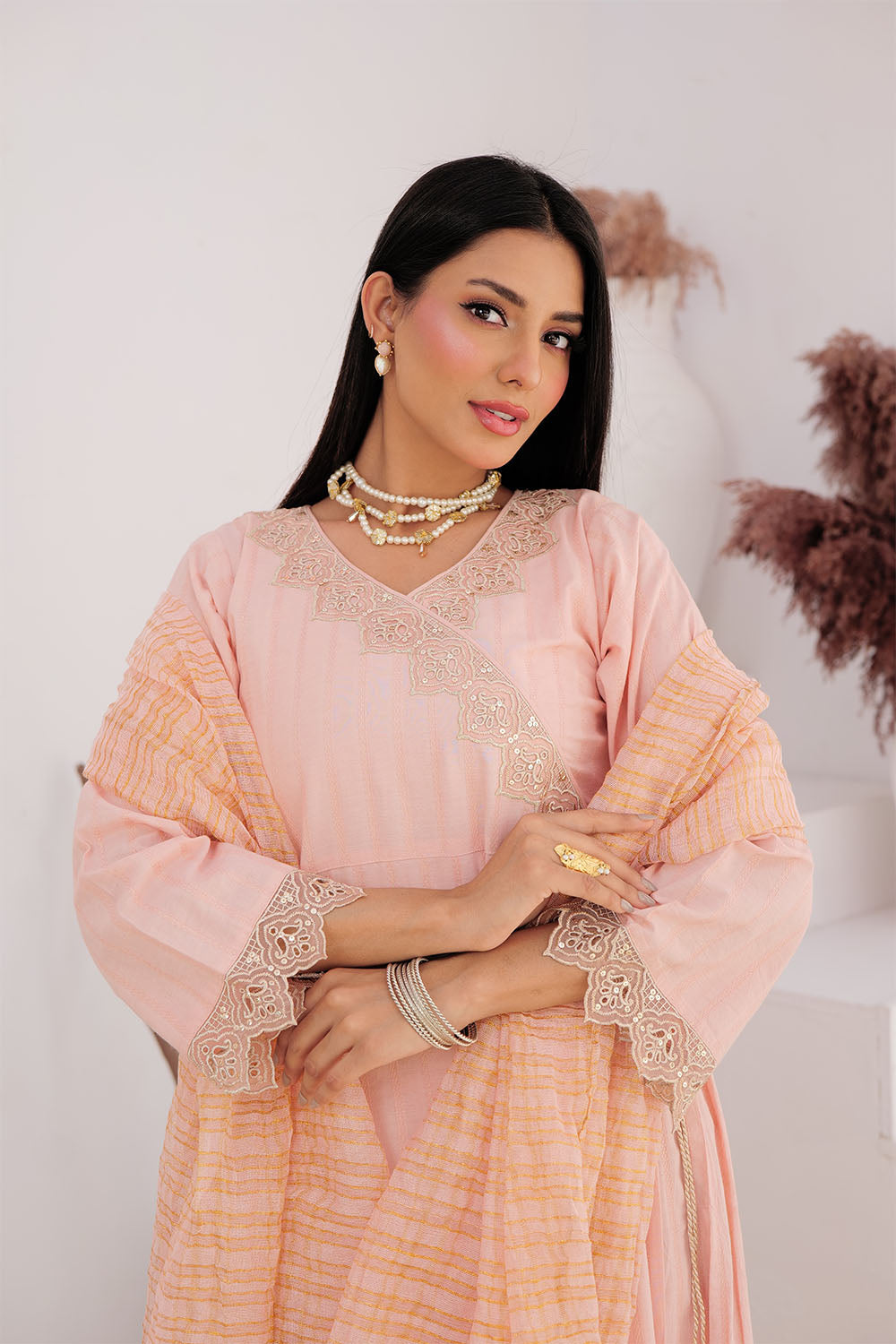 Senorita Women RTW Women Solids Peach and Gold Casual Plus 3 Piece Suit Cotton Dobby LBD-02972 - Winter Collection