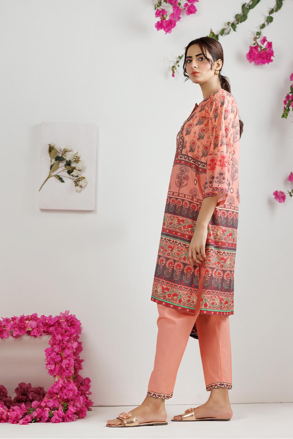 Senorita Women RTW Women Peach and Multicolor Casual 3 Piece Suit Cotton Lawn Printed LAD-03011 - Summer Collection
