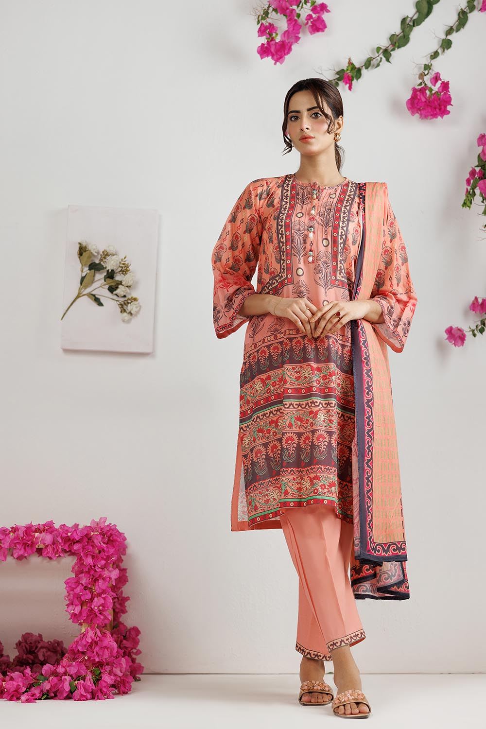 Senorita Women RTW Women Peach and Multicolor Casual 3 Piece Suit Cotton Lawn Printed LAD-03011 - Summer Collection