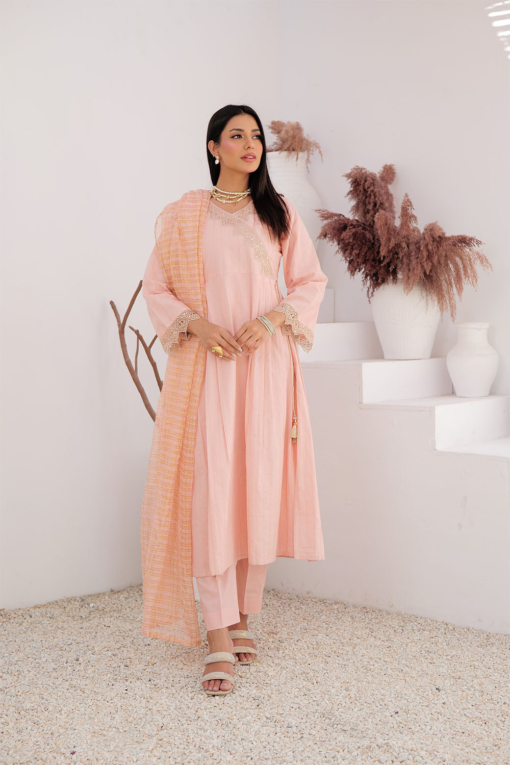 Senorita Women RTW Women Solids Peach and Gold Casual Plus 3 Piece Suit Cotton Dobby LBD-02972 - Winter Collection