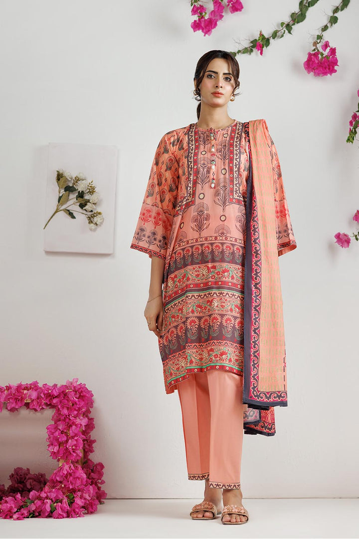 Senorita Women RTW Women Peach and Multicolor Casual 3 Piece Suit Cotton Lawn Printed LAD-03011 - Summer Collection