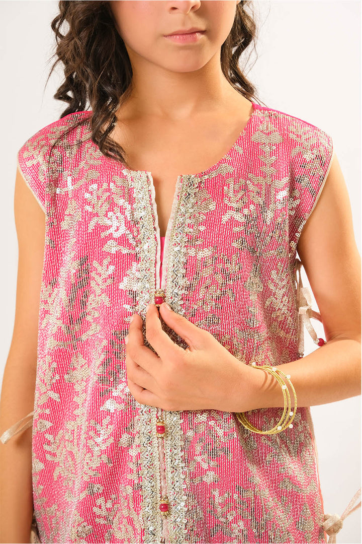 Senorita Kids RTW Kids formal clothes Shocking Pink and Fawn Formal 3 Piece Suit Viscose Chiffon and Organza KDD-03056 - Summer Collection