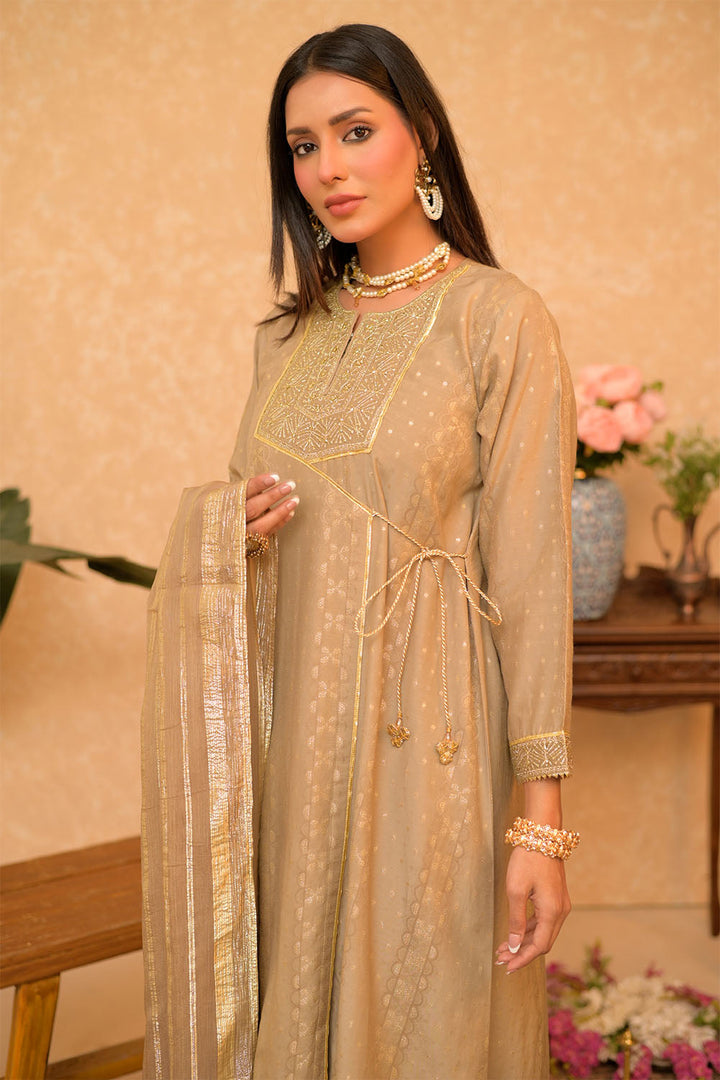 Senorita Women RTW Women Solids Beige and Gold Casual Plus 3 Piece Suit Cotton Viscose Filament Jacquard LBD-02868 - Winter Collection