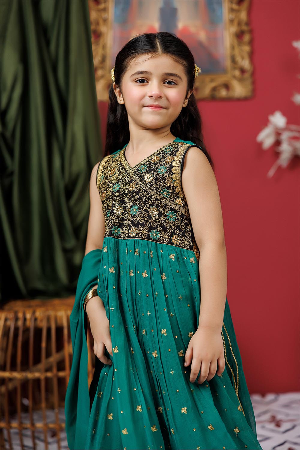 Senorita Kids RTW Kids formal clothes Green and Multicolor Formal 3 Piece Suit Viscose Crinkle Chiffon KDD-03108 - Summer Collection