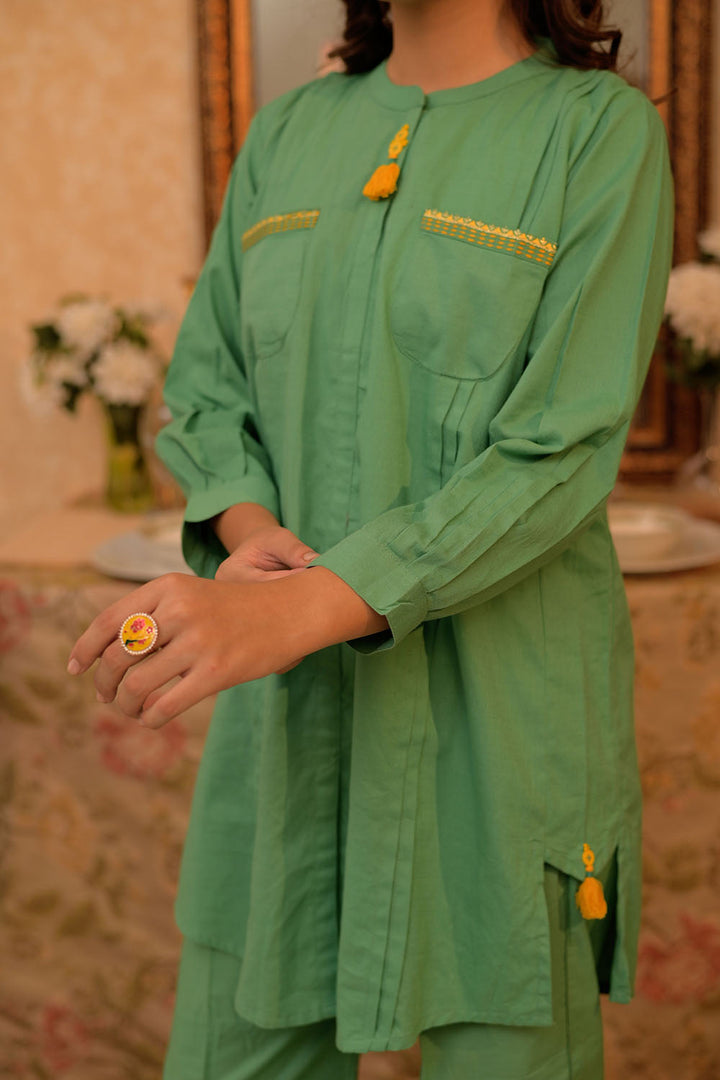 Senorita Girls RTW Girls Green Casual 3 Piece Suit Cotton Dobby Self Embroidered GAD-02796 - Winter Collection