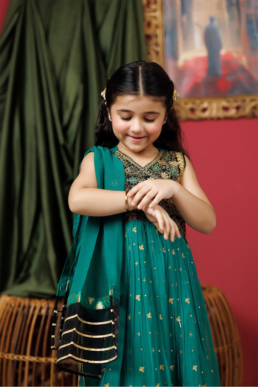 Senorita Kids RTW Kids formal clothes Green and Multicolor Formal 3 Piece Suit Viscose Crinkle Chiffon KDD-03108 - Summer Collection