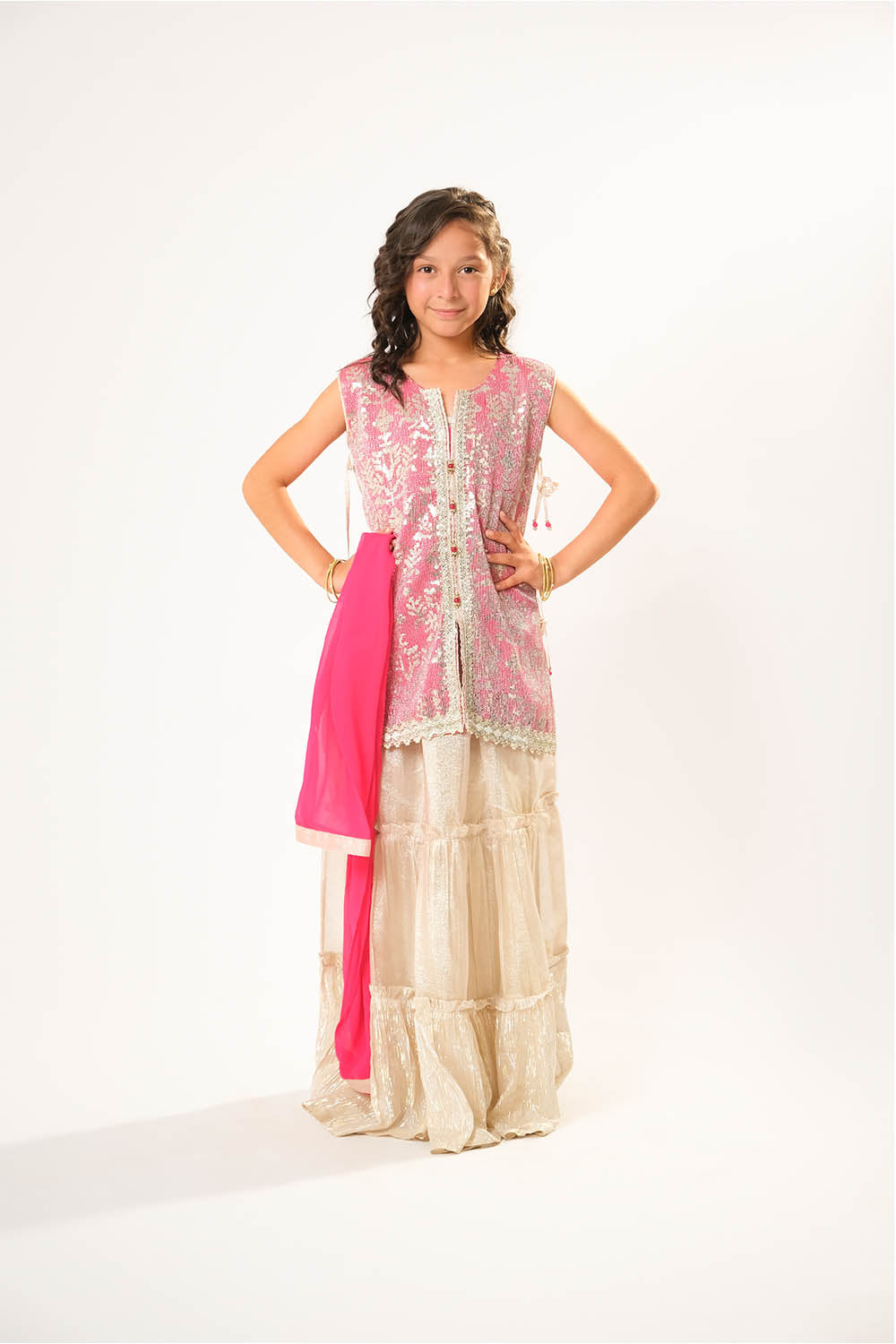 Senorita Kids RTW Kids formal clothes Shocking Pink and Fawn Formal 3 Piece Suit Viscose Chiffon and Organza KDD-03056 - Summer Collection