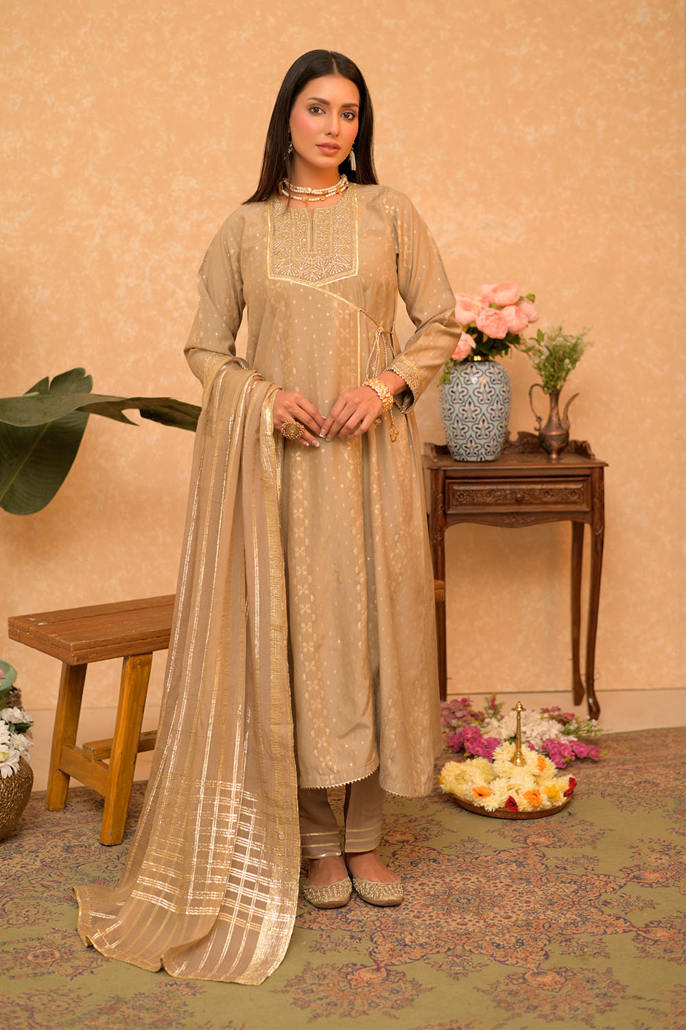 Senorita Women RTW Women Solids Beige and Gold Casual Plus 3 Piece Suit Cotton Viscose Filament Jacquard LBD-02868 - Winter Collection