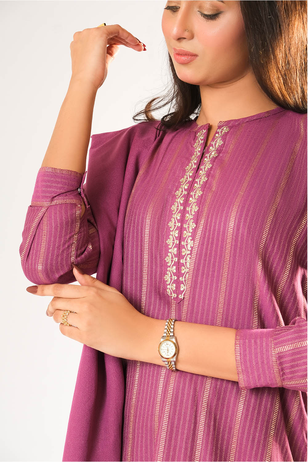 Senorita Women RTW Women Printed S.Pink and Gold Casual 3 Piece Suit Cotton Karandi Dobby LAD-03211 - Winter Collection