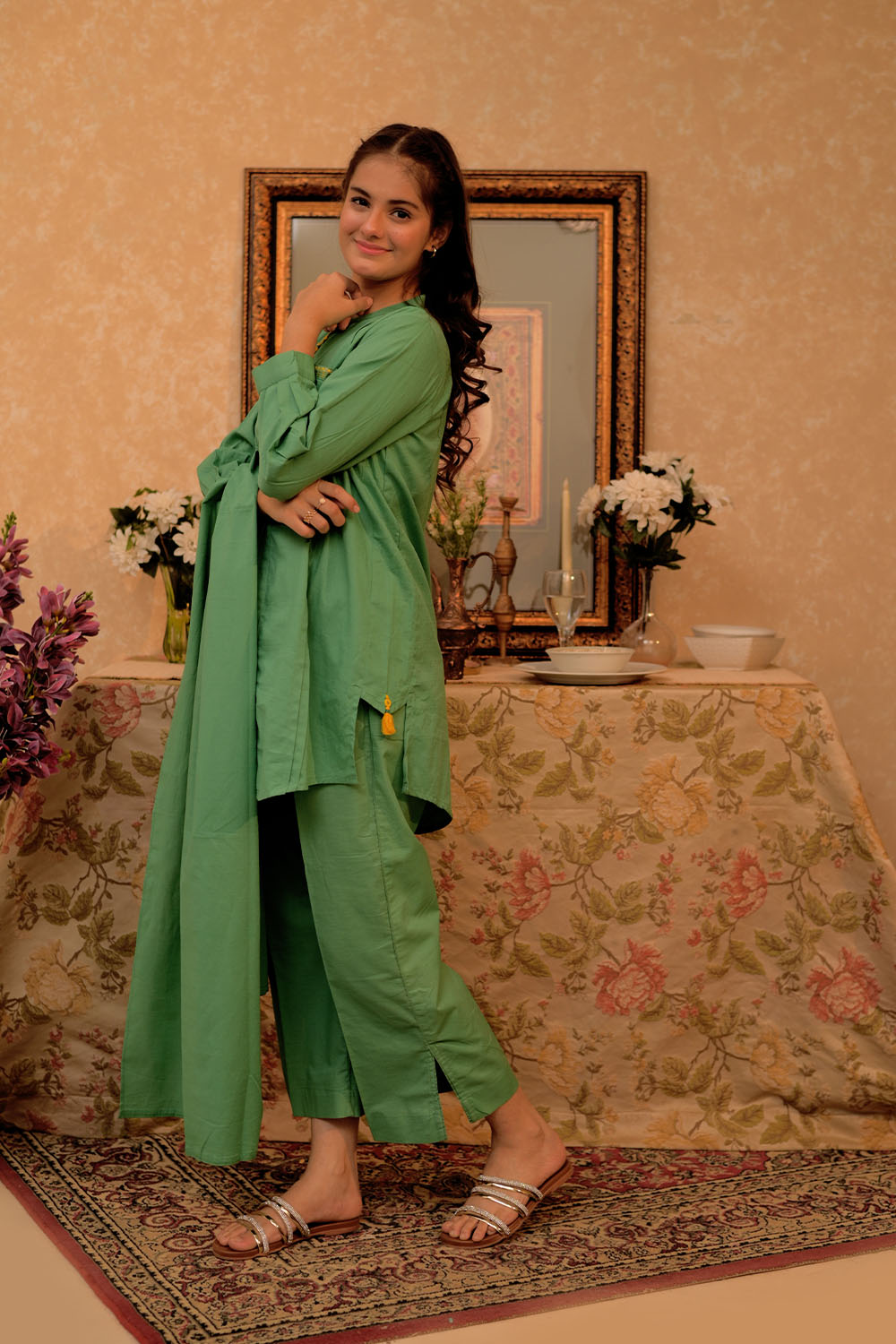 Senorita Girls RTW Girls Green Casual 3 Piece Suit Cotton Dobby Self Embroidered GAD-02796 - Winter Collection