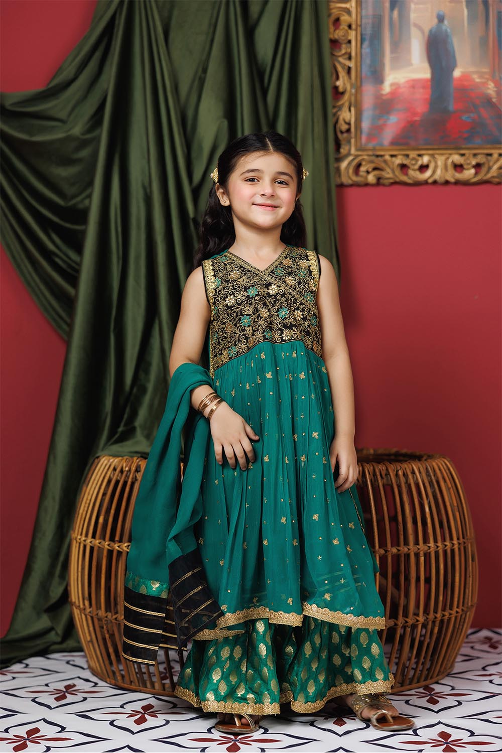 Senorita Kids RTW Kids formal clothes Green and Multicolor Formal 3 Piece Suit Viscose Crinkle Chiffon KDD-03108 - Summer Collection