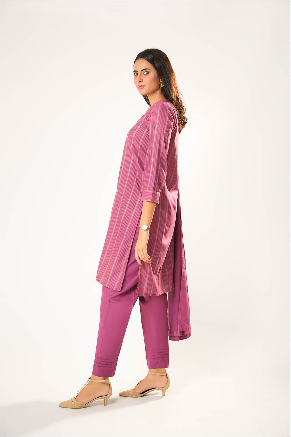 Senorita Women RTW Women Printed S.Pink and Gold Casual 3 Piece Suit Cotton Karandi Dobby LAD-03211 - Winter Collection