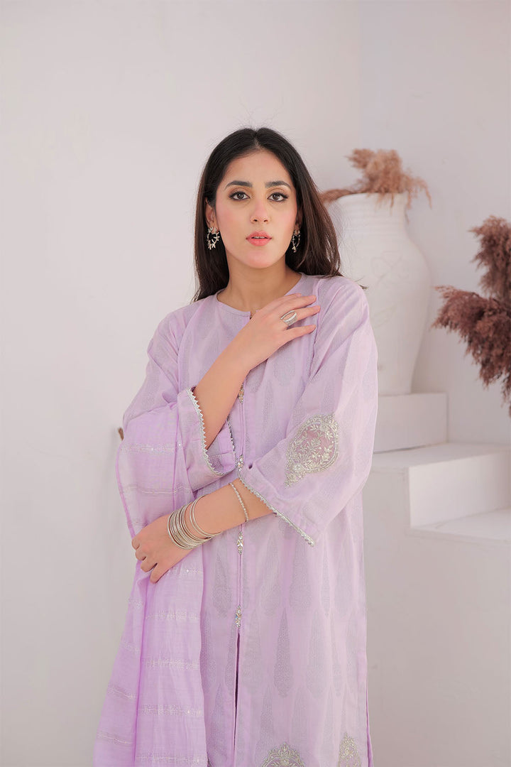 Senorita Women RTW Women Embroidered Purple and Silver Casual Plus 3 Piece Suit Cotton Jacquard LBD-02964 - Summer Collection