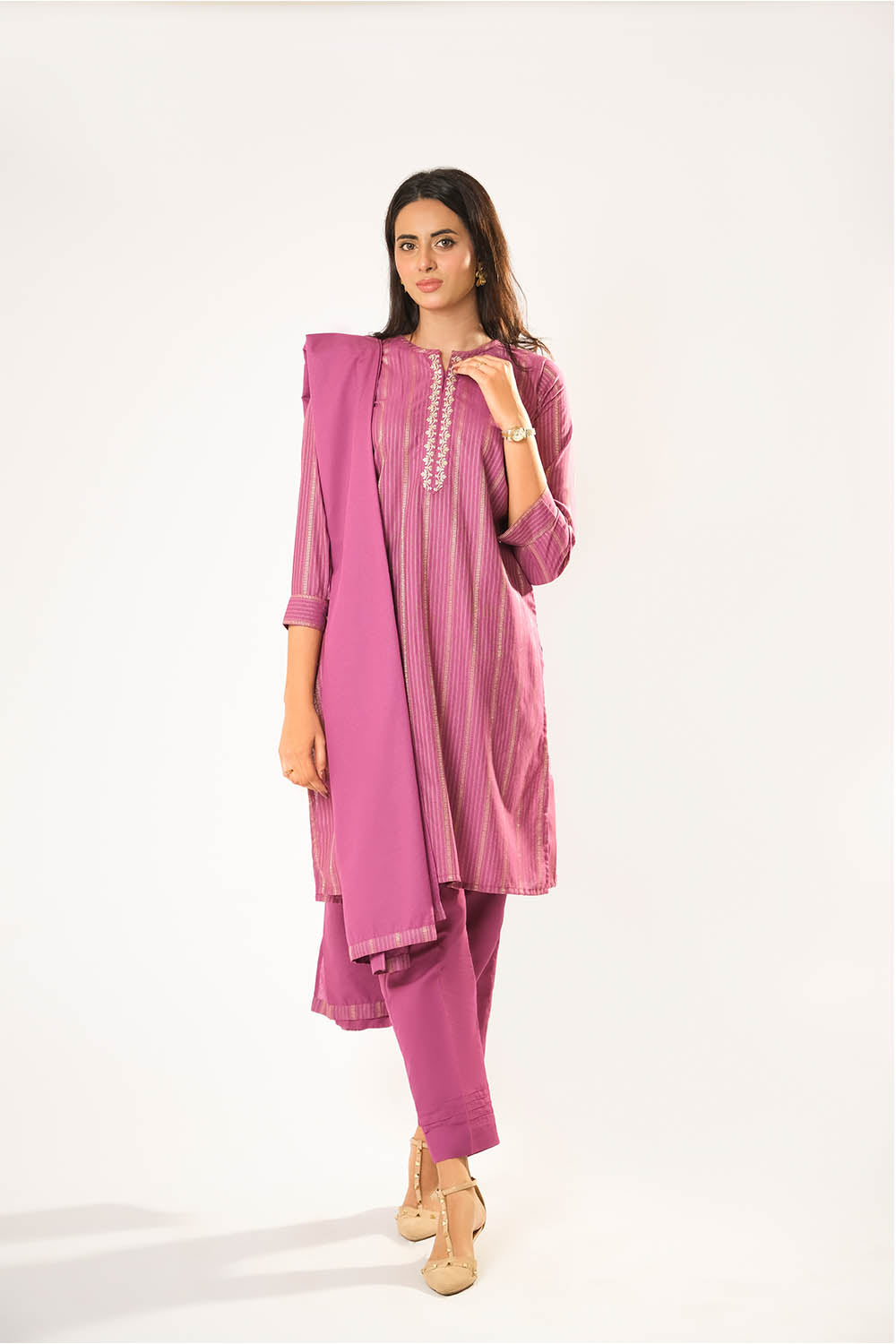 Senorita Women RTW Women Printed S.Pink and Gold Casual 3 Piece Suit Cotton Karandi Dobby LAD-03211 - Winter Collection