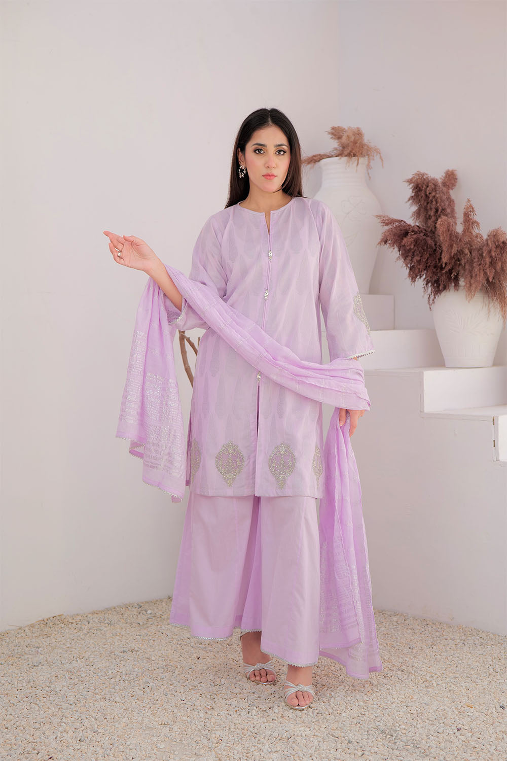 Senorita Women RTW Women Embroidered Purple and Silver Casual Plus 3 Piece Suit Cotton Jacquard LBD-02964 - Summer Collection