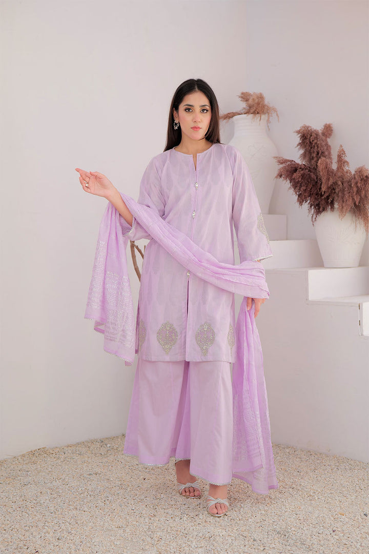 Senorita Women RTW Women Embroidered Purple and Silver Casual Plus 3 Piece Suit Cotton Jacquard LBD-02964 - Summer Collection