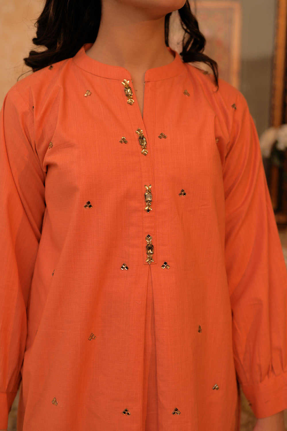 Senorita Girls Ready to Wear Girls Orange and Gold Casual 3 Piece Suit Cotton Self dobby Solids GAD-02878 - Summer Collection
