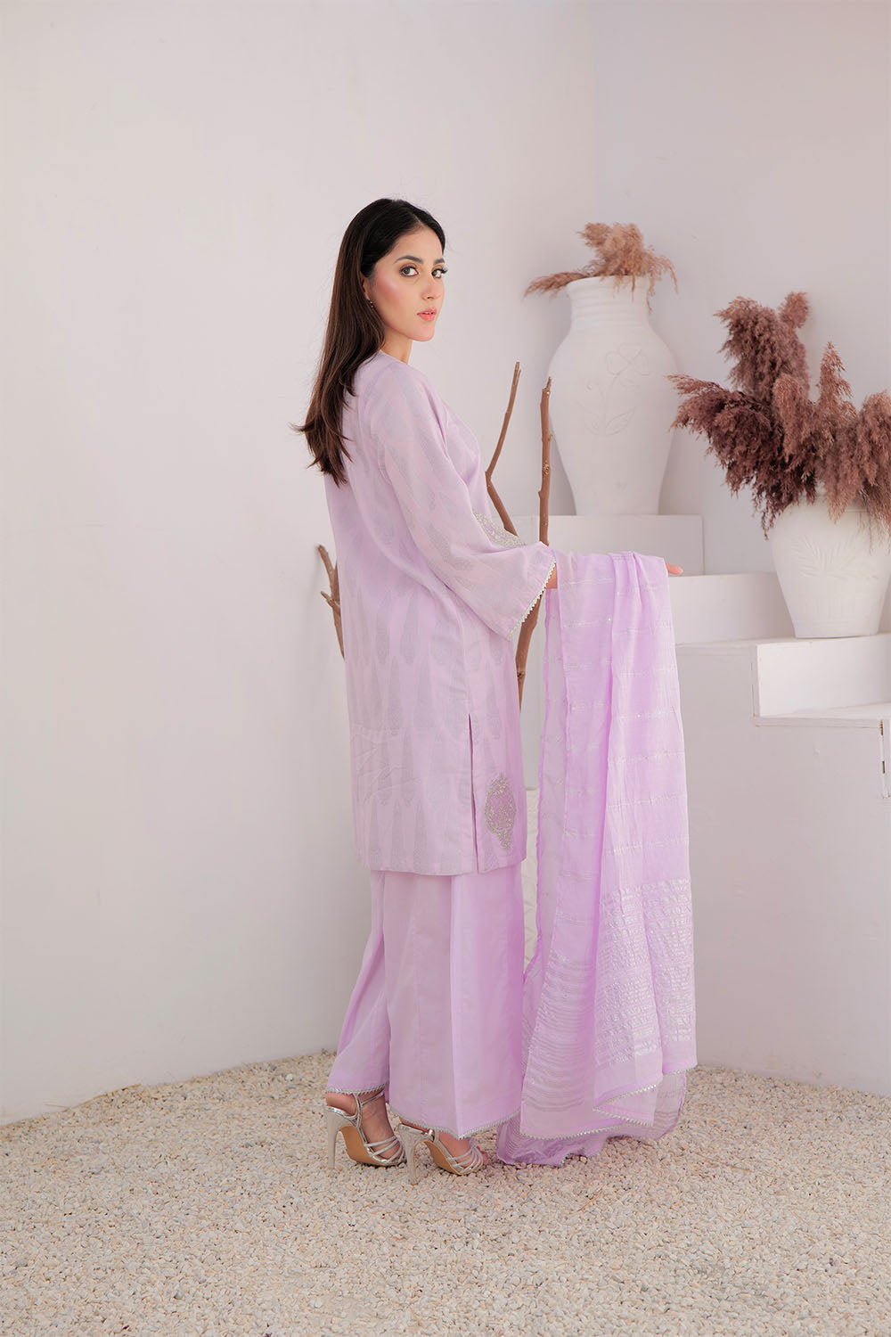 Senorita Women RTW Women Embroidered Purple and Silver Casual Plus 3 Piece Suit Cotton Jacquard LBD-02964 - Summer Collection