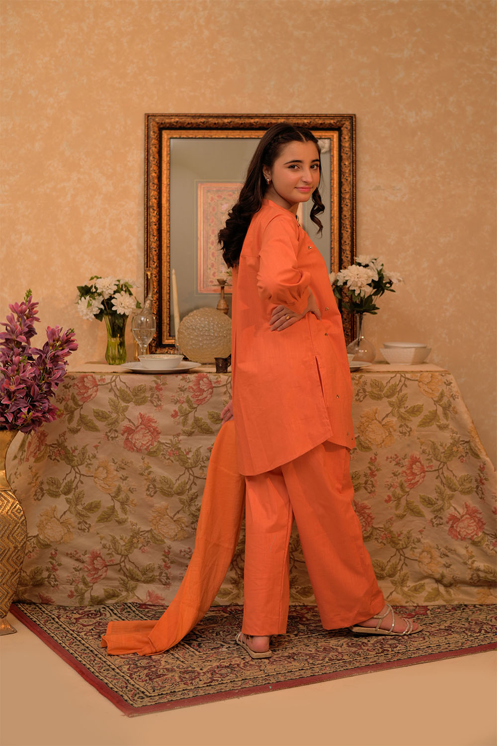 Senorita Girls Ready to Wear Girls Orange and Gold Casual 3 Piece Suit Cotton Self dobby Solids GAD-02878 - Summer Collection