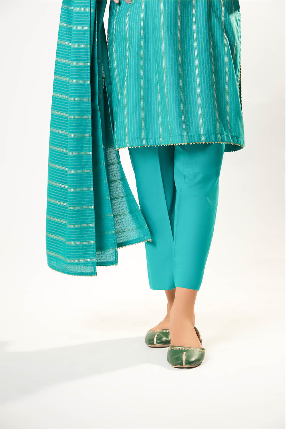 Senorita Girls RTW Girls Turquoise Green and Gold Casual 3 Piece Suit Cotton Karandi Dobby Embroidered GAD-03214 - Winter Collection