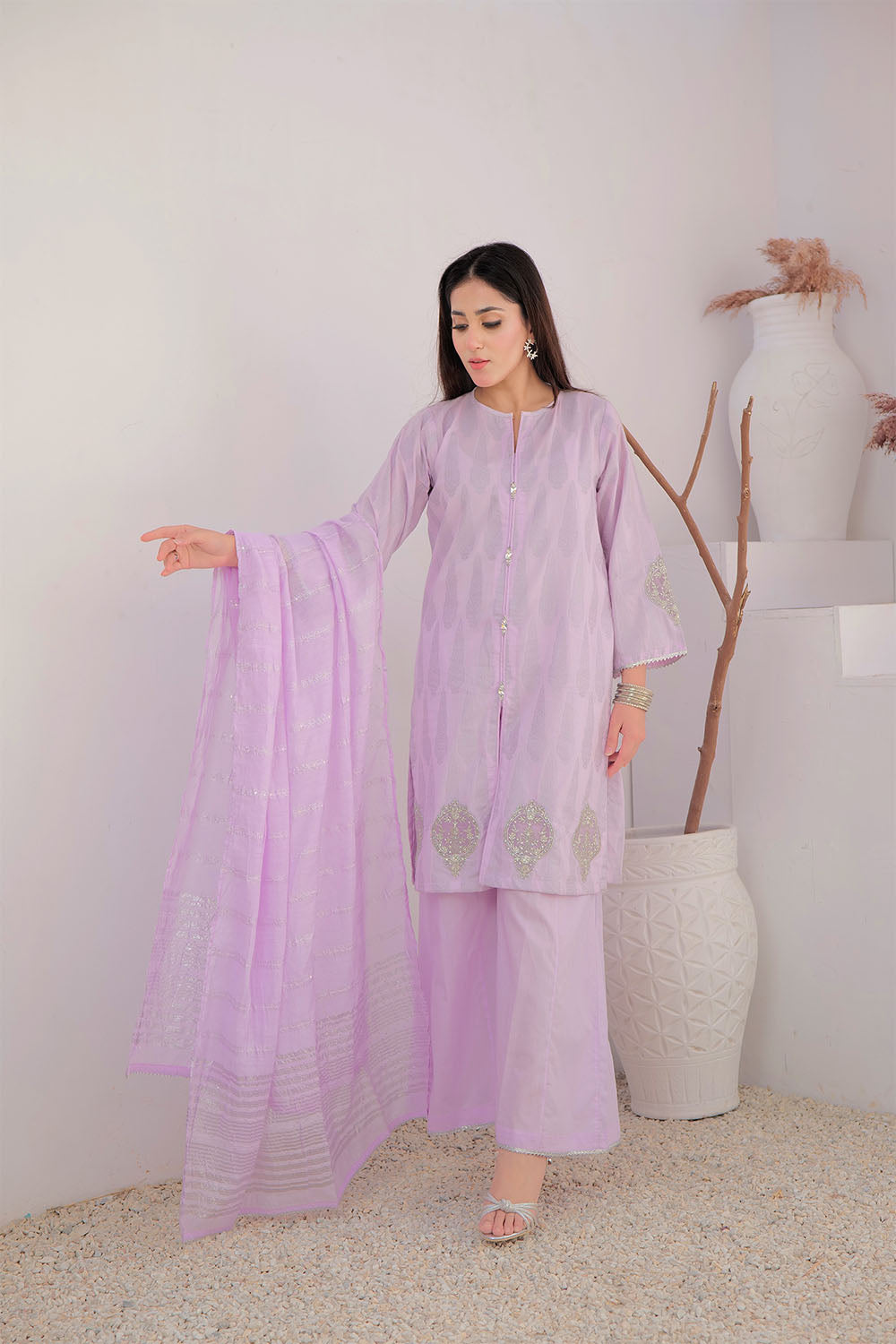 Senorita Women RTW Women Embroidered Purple and Silver Casual Plus 3 Piece Suit Cotton Jacquard LBD-02964 - Summer Collection