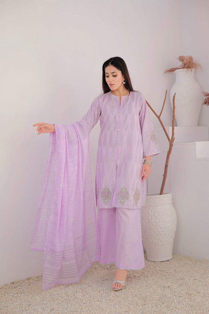 Senorita Women RTW Women Embroidered Purple and Silver Casual Plus 3 Piece Suit Cotton Jacquard LBD-02964 - Summer Collection