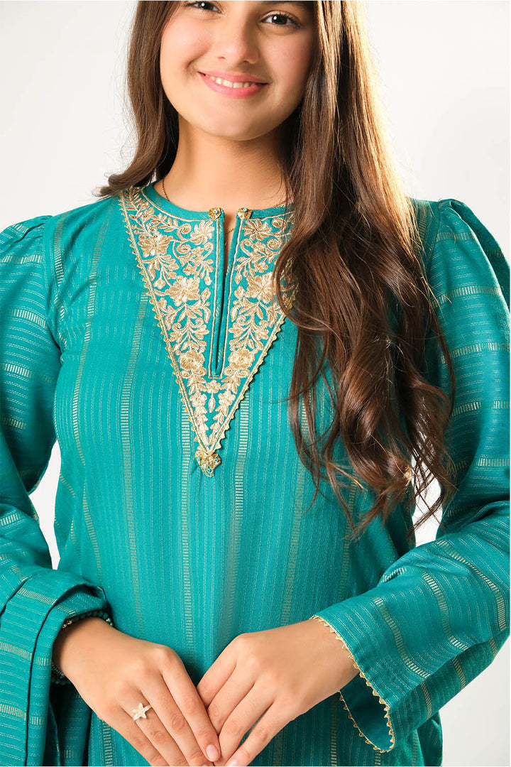 Senorita Girls RTW Girls Turquoise Green and Gold Casual 3 Piece Suit Cotton Karandi Dobby Embroidered GAD-03214 - Winter Collection
