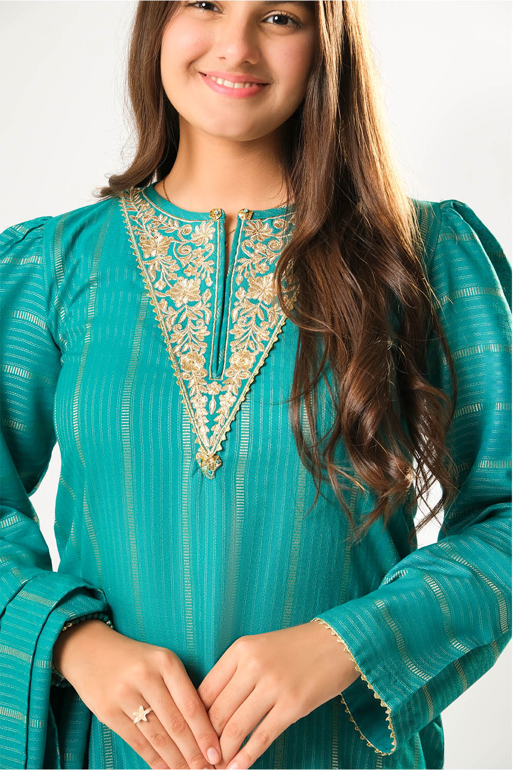 Senorita Girls RTW Girls Turquoise Green and Gold Casual 3 Piece Suit Cotton Karandi Dobby Embroidered GAD-03214 - Winter Collection