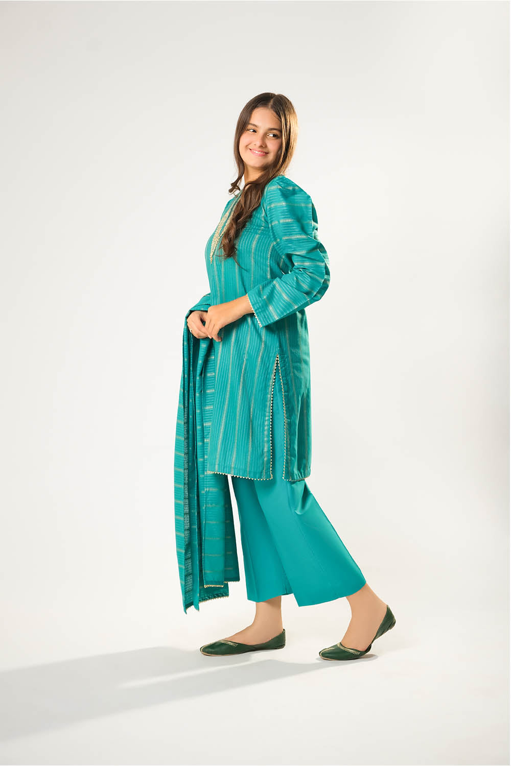 Senorita Girls RTW Girls Turquoise Green and Gold Casual 3 Piece Suit Cotton Karandi Dobby Embroidered GAD-03214 - Winter Collection