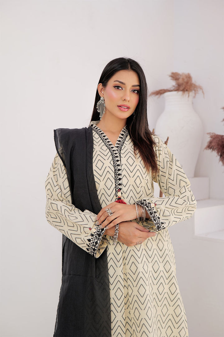 Senorita Women RTW Women Printed Cream and Black Casual 3 Piece Suit Cotton Jacquard LAD-03005 - Summer Collection