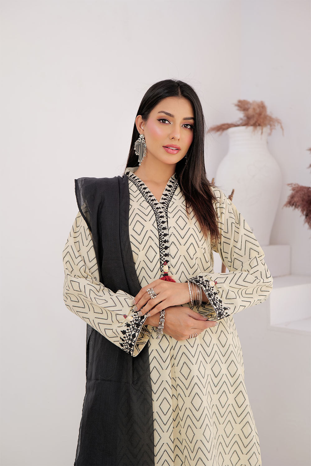 Senorita Women RTW Women Printed Cream and Black Casual 3 Piece Suit Cotton Jacquard LAD-03005 - Summer Collection