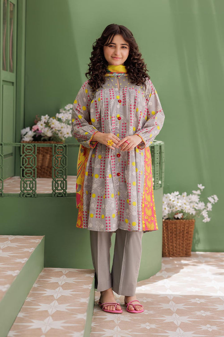 Senorita Girls Ready to Wear Girls Grey and Multicolor Casual 3 Piece Suit Cotton Lawn Printed GAD-03045 - Summer Collection