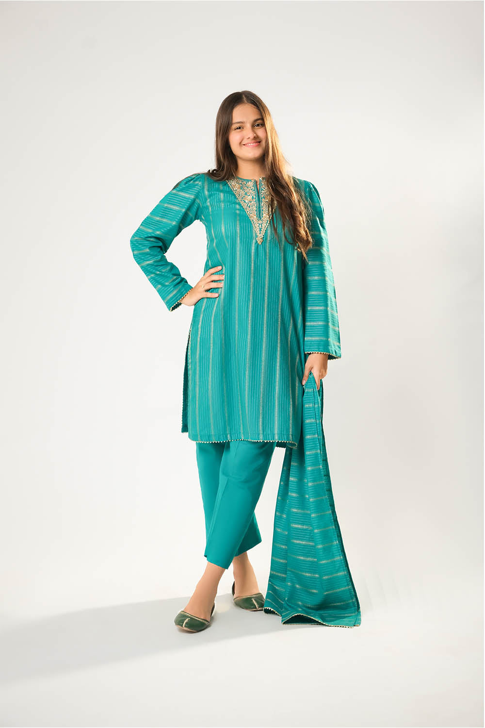 Senorita Girls RTW Girls Turquoise Green and Gold Casual 3 Piece Suit Cotton Karandi Dobby Embroidered GAD-03214 - Winter Collection