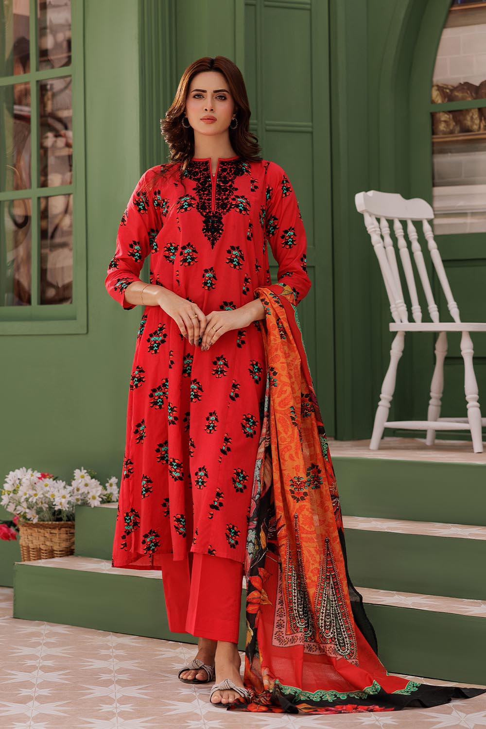 Senorita Women RTW Women Red and Multicolor Casual 3 Piece Suit Cotton Lawn Printed LAD-03013 - Summer Collection