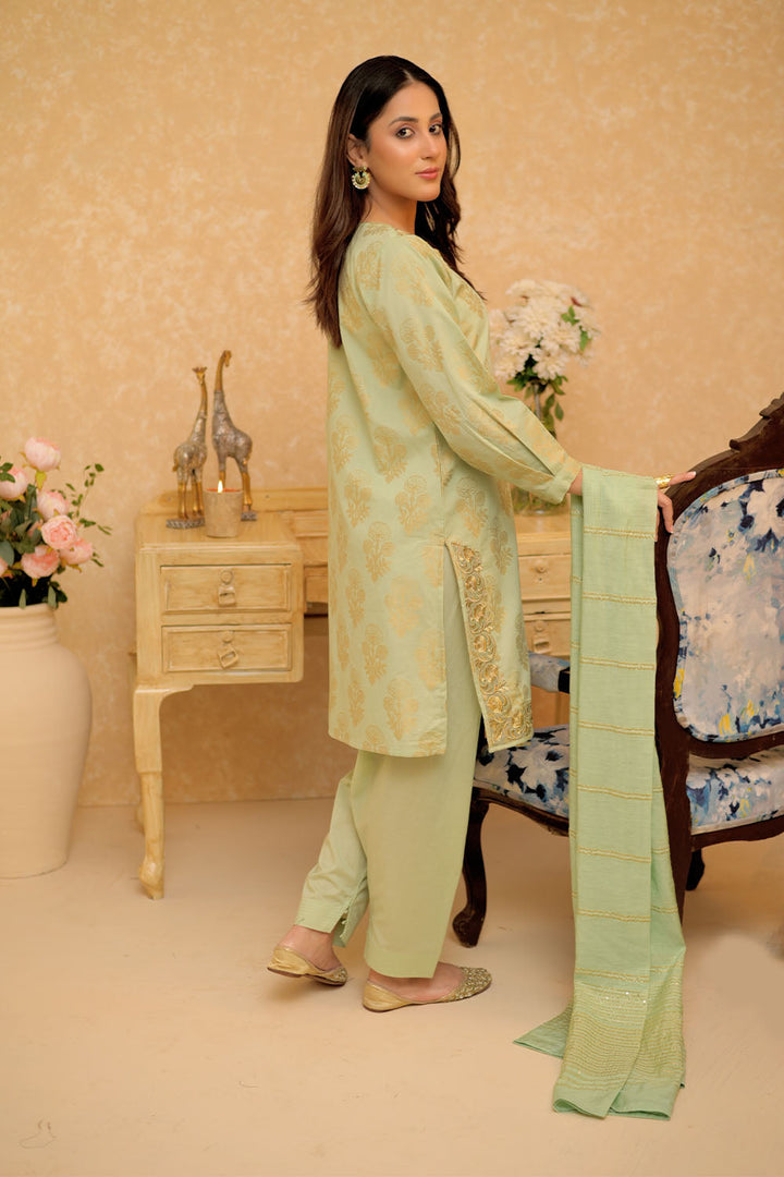 Senorita Women RTW Women Embroidered Green and Gold Casual Plus 3 Piece Suit Cotton Jacquard LBD-02963 - Summer Collection