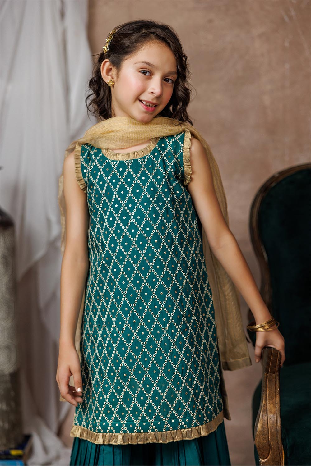 Senorita Kids RTW Turquoise Green and Golden Formal 3 Piece Suit Viscose Raw-Silk KDD-03053 - Summer Collection