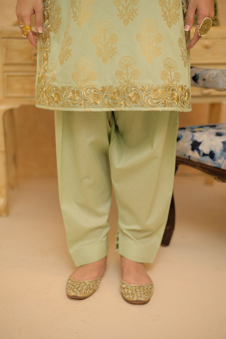 Senorita Women RTW Women Embroidered Green and Gold Casual Plus 3 Piece Suit Cotton Jacquard LBD-02963 - Summer Collection