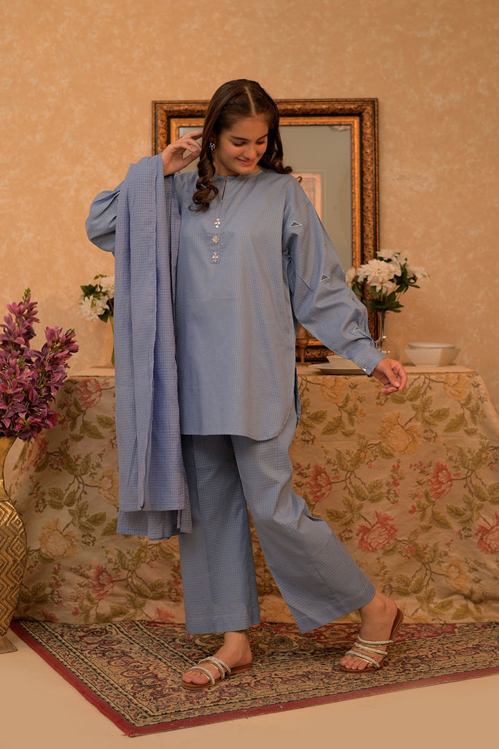 Senorita Girls Ready to Wear Girls Light Blue Casual 3 Piece Suit Cotton Basic Dobby Solids GAD-02961 - Summer Collection